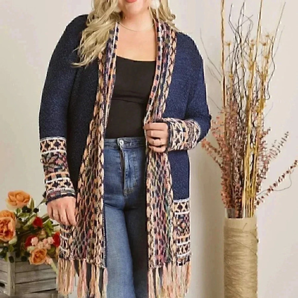 ADORA Sweaters - Navy Tribal Fringe Sweater Kimono